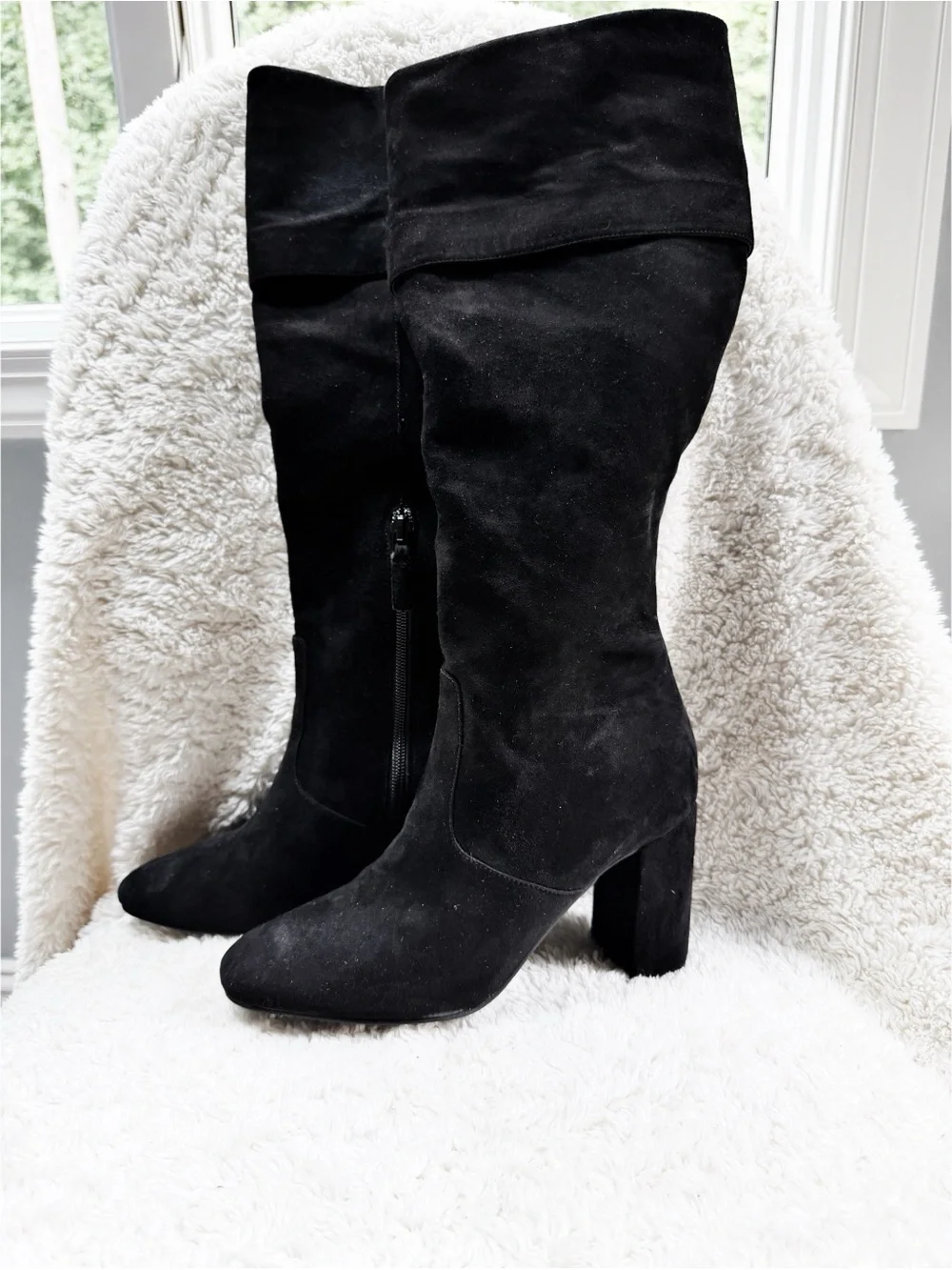 NWOT Classic Black Suede Knee-High Block Heel Boots